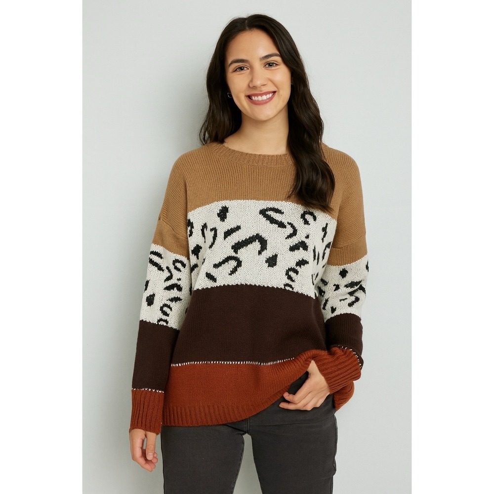 Angashion Sweater Womens L Color Block Animal Print‎ Pullover Crewneck Cozy